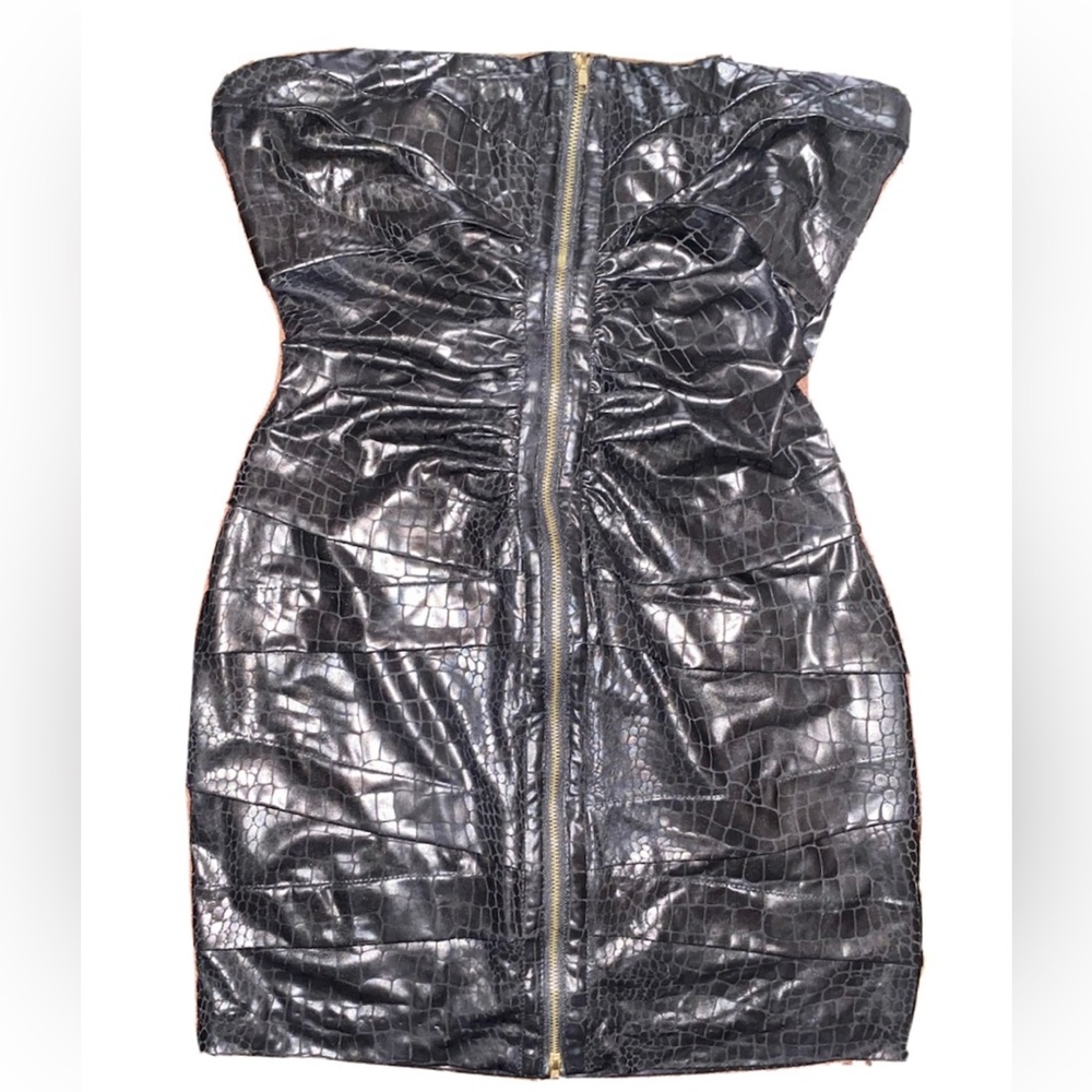 Forever 21: Black Faux Croc Print Zip Front Tube Dress | Size M